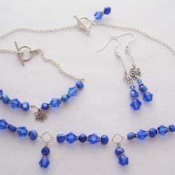 Cobalt Blue Crystal & Fresh Water Pearl Necklace Set